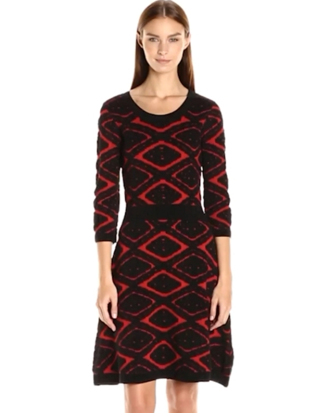 NWOT Taylor Black and Red Geometric Knit Long-Sleeve Dress Rayon Blend Size XL